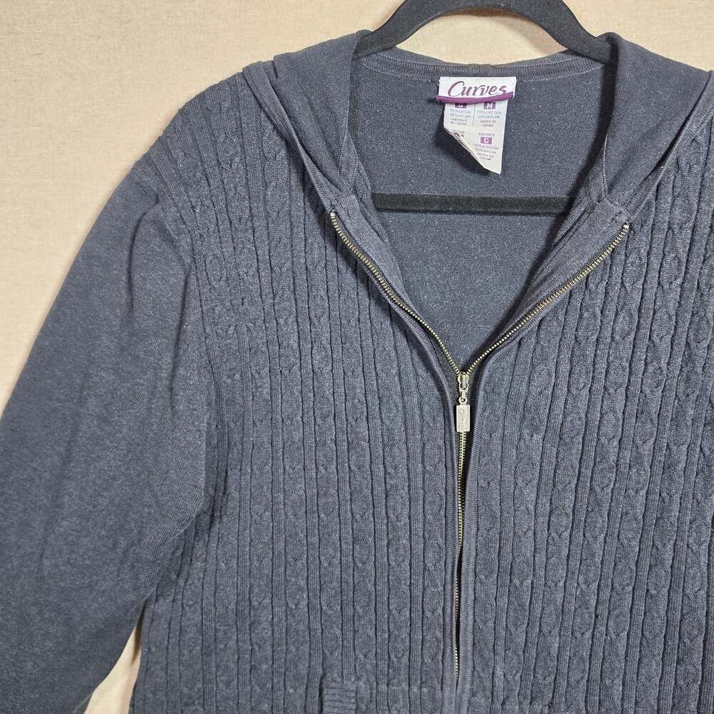 Curves Womens dark Gray Cable Knit Full Zip Hooded cardigan Size M Regular Fit - Picture 13 of 13